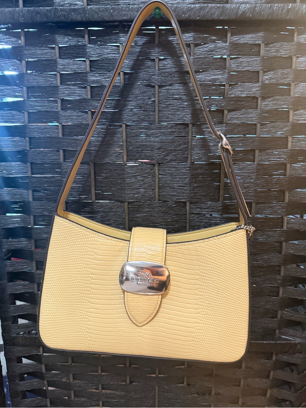 Coach Eliza Lizard Embossed Leather Shoulder Bag with Silver Closure